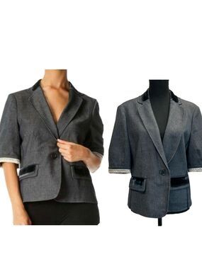 Bcbgmaxazria Blue black velvet trim blazer Sz 10 structured tailored business